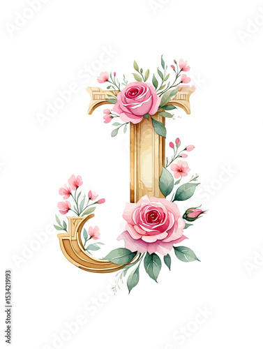 Elegant Gold Floral Letter J Watercolor Roses and Greenery Monogram