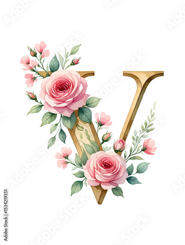 Elegant Floral Letter V Design Watercolor Roses and Gold Monogram