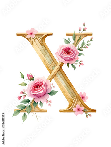 Elegant Floral Letter X Watercolor Roses and Gold Design