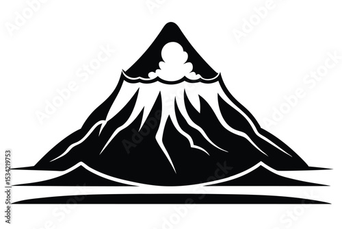 Graphic Black Mountain Peak with Clouds, Jagged Ridges, and Horizontal Landscape Layers