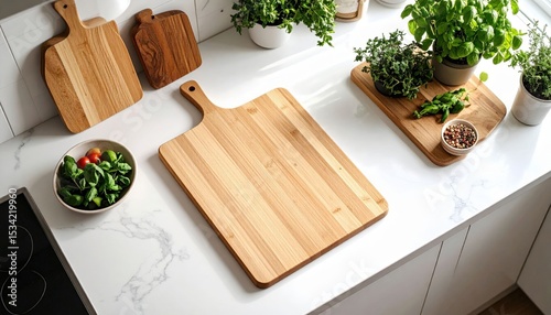 Wooden Cutting Boards On Marble Kitchen Counter
