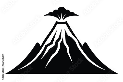 Black and White Image of an Erupting Volcano with Lava Flowing Down Sides