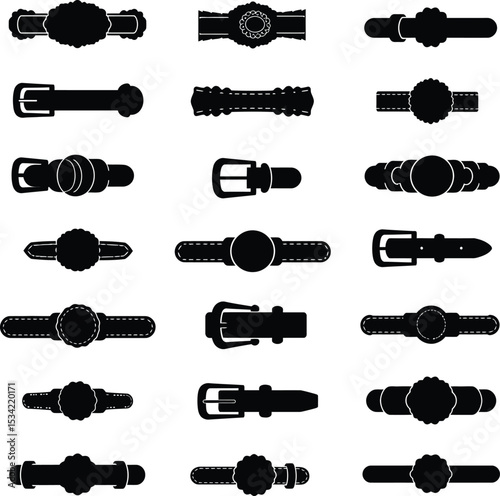 Diverse Belt Buckle Vector Set: Stylish Leather Buckles for Fashion, Reversible Belts, Apparel, Vintage and Modern Accessory Designs.