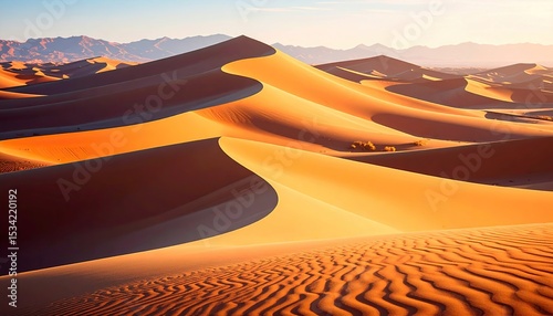 Golden desert dunes at sunrise