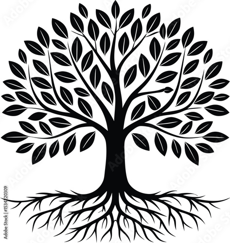 Black and white stylized tree with roots and leaves