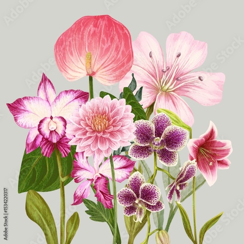 Fototapeta Naklejka Na Ścianę i Meble -  Bouquet of colorful spring flowers and leaf illustration design for background floral pattern Vanda Orchid Anthurium Pink Lily Flowers Blue Flower Watercolour Perfect for Wedding Card Design 