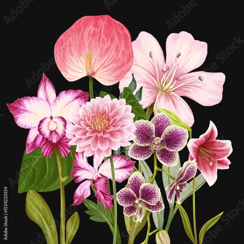 Fototapeta Naklejka Na Ścianę i Meble -  Bouquet of colorful spring flowers and leaf illustration design for background floral pattern Vanda Orchid Anthurium Pink Lily Flowers Blue Flower Watercolour Perfect for Wedding Card Design 