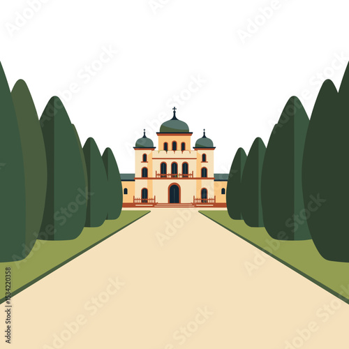 Illustration of a Grand Building with Green Domes and Trees Lining the Pathway in a Flat Design Style