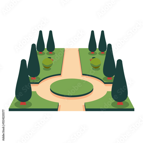 Flat Vector Illustration of a Formal Garden with Topiary Trees and Circular Paths