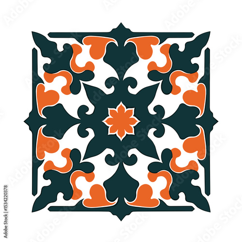 Elegant Decorative Floral Tile Design with Symmetrical Pattern in Dark Green and Orange, Isolated on White Background