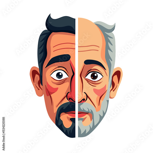 Illustration of a Man's Face Showing Aging Process, from Youthful with Dark Hair to Older with Grey Hair