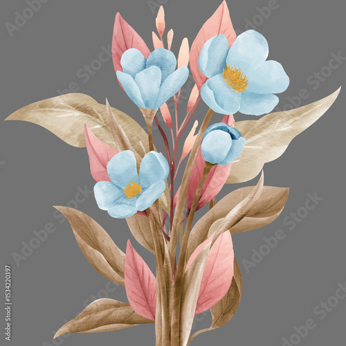 Fototapeta Naklejka Na Ścianę i Meble -  Bouquet of colorful spring flowers and leaf illustration design for background floral pattern Vanda Orchid Anthurium Pink Lily Flowers Blue Flower Watercolour Perfect for Wedding Card Design 