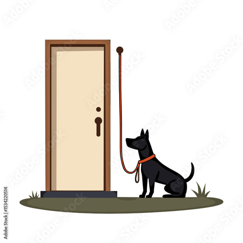 Black Dog Waiting Patiently by the Door with Leash Hanging Above, Isolated Vector Illustration