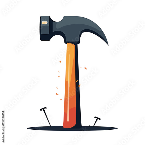 Illustration of a Hammer Driving Nails into a Surface with Wood Shavings
