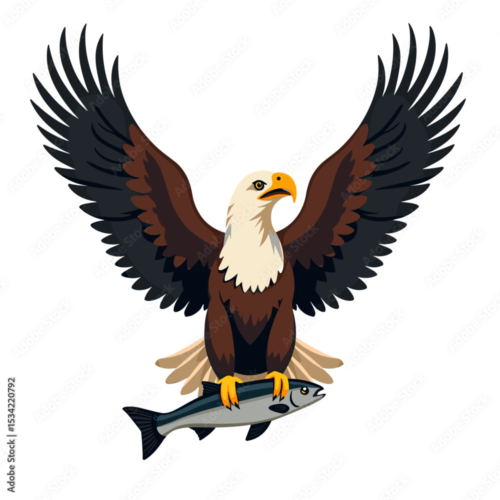Obraz premium Majestic Bald Eagle Catching a Fish Illustration with Open Wings and Detailed Feather Design