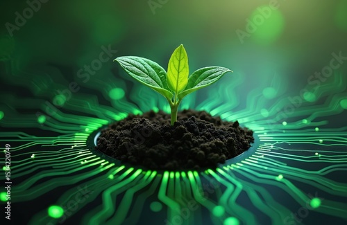 Green tech sprout in soil on circuit board. Digital green light, computer hardware, represents eco-friendly technology growth in future. Innovation in science, environmental consciousness.