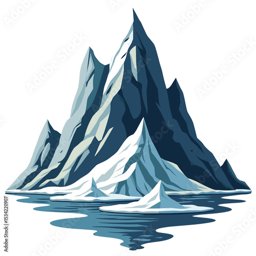 Stylized Mountain Range with Snow and Icebergs in Water Reflection, Graphic Illustration