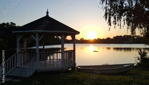 Lakeside gazebo at sunset