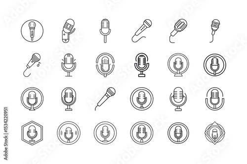 Collection of Microphone Icons in Outline Style Featuring Various Designs and Shapes Suitable for Audio Recording and Communication