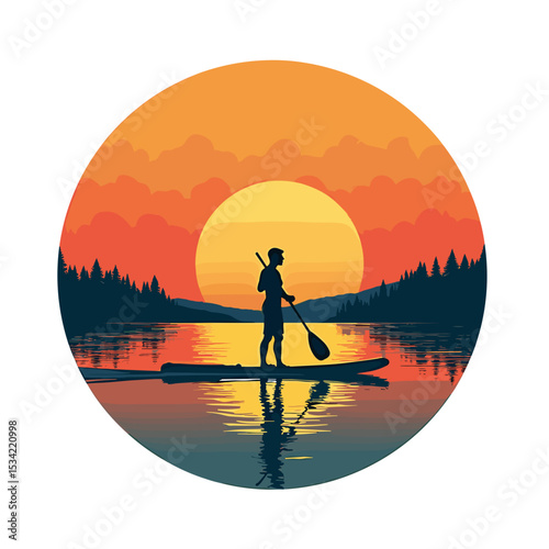 Silhouette of a Man Paddleboarding on a Lake at Sunset with Forest and Mountain Backdrop, Vector Illustration