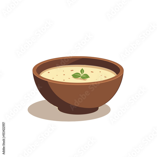 Creamy Soup in a Wooden Bowl with Basil Leaf, Vector Illustration on White Background