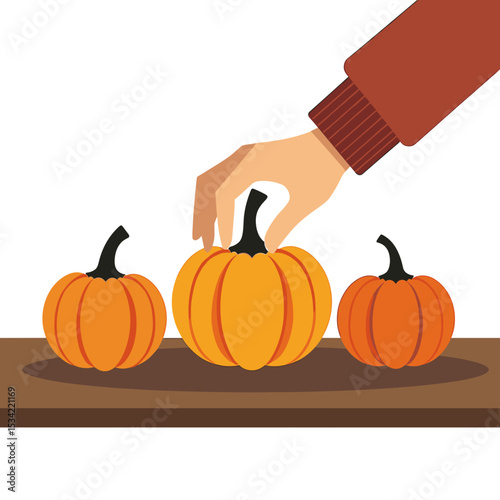 Illustration of Hand Placing a Pumpkin on a Shelf with Two Other Pumpkins for Autumn or Halloween Decoration