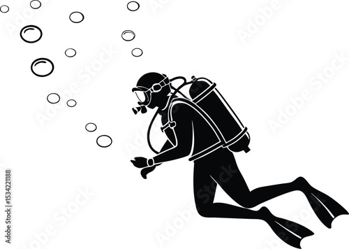 Scuba diver silhouette with bubbles underwater