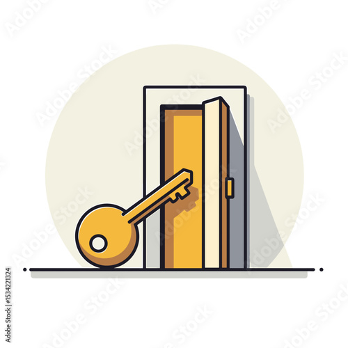 Golden Key Opening a Door Illustration, Symbolizing Opportunity, Access, and New Beginnings in a Flat Design Style