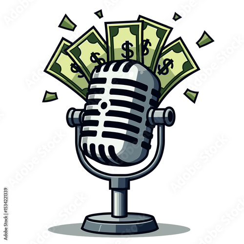 Podcast Earning Potential: Vintage Microphone with Dollar Bills Representing Audio Content Monetization and Financial Success