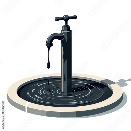 Illustration of a Black Faucet Leaking Oil into a Circular Basin, Representing Environmental Pollution and Resource Depletion
