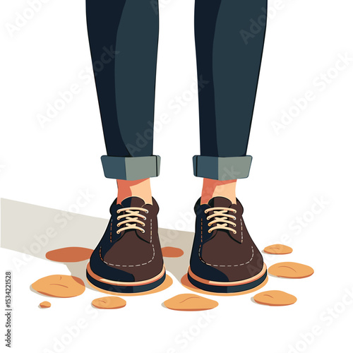 Illustration of Person's Legs Wearing Brown Shoes and Dark Blue Jeans in a Minimalist Style