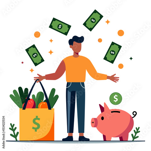 Illustration of a Person Managing Finances with Groceries, Money, and a Piggy Bank, Promoting Financial Literacy and Smart Spending