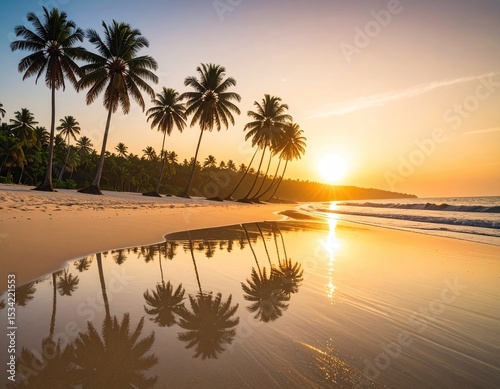 Sunrise beach with palm trees reflected in calm water