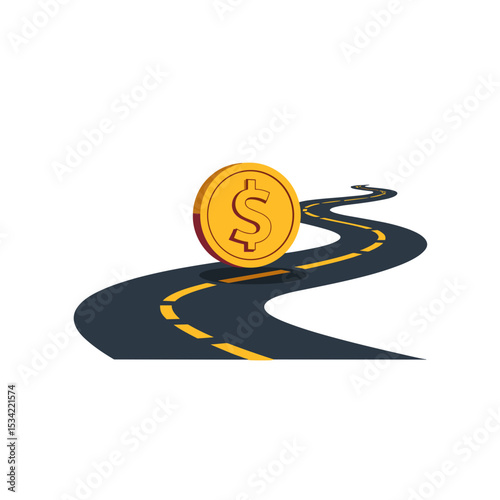 Road to Financial Success: A Golden Dollar Coin on a Winding Road Illustration
