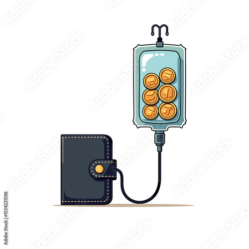 Conceptual Illustration of Coins Infusing into a Wallet through an IV Drip, Representing Financial Investment