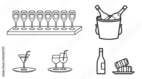 Minimalist Barware Line Icons – Drinkware Set with Goblets, Beer Glasses, Shots, Plates, and Bucket