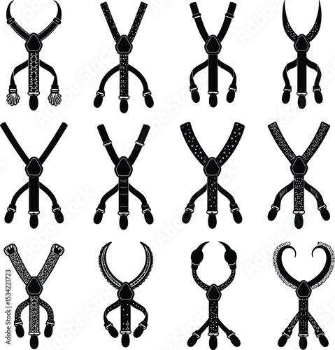 Stylish Vector Suspender Collection: Classic and Modern Braces for Fashion, Apparel, Formal Wear, Vintage Style, and Accessory Designs.