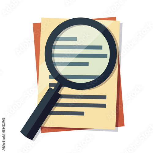 Magnifying Glass Examining Documents and Paperwork, Flat Vector Illustration for Business Analysis