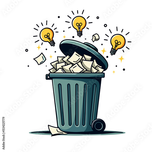 Creative Idea Generation: Trash Can Overflowing with Paper, Illuminated by Light Bulbs, Representing Innovation and Problem Solving