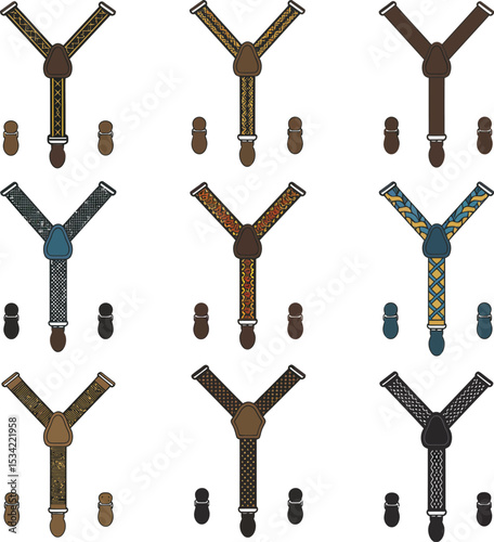 Stylish Vector Suspender Collection: Classic and Modern Braces for Fashion, Apparel, Formal Wear, Vintage Style, and Accessory Designs.