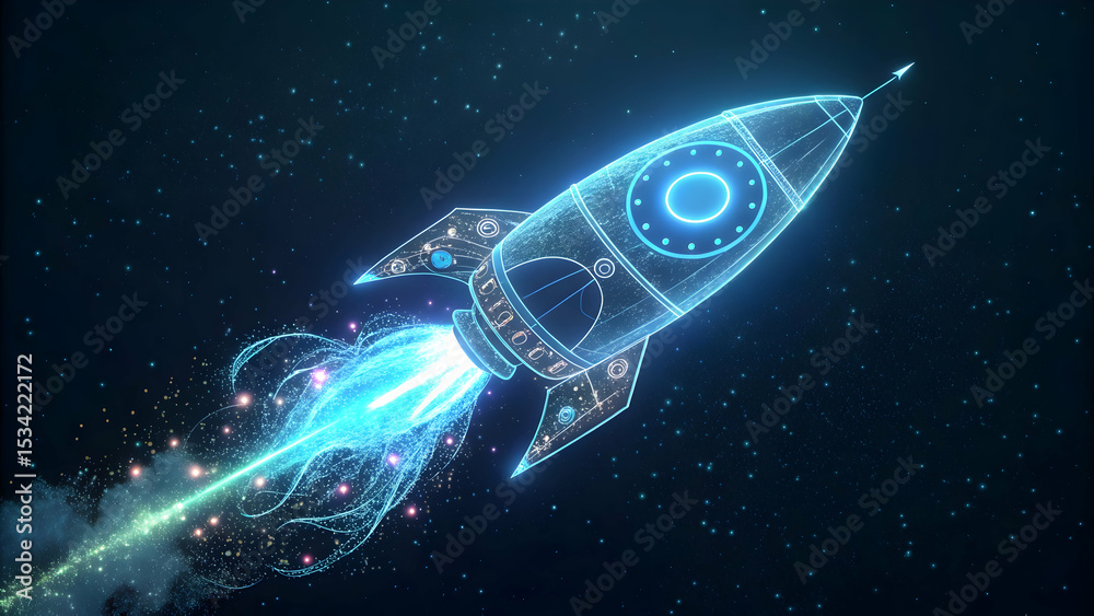 Fototapeta premium Futuristic Rocket Launching Into Space with Colorful Trail Effects