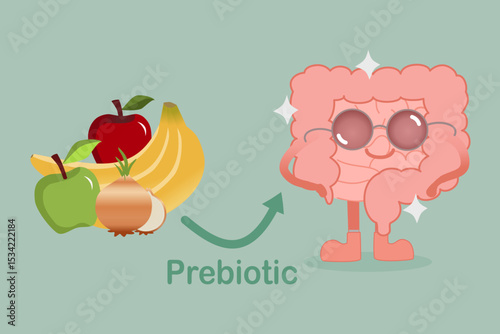 Happy Gut Character with Prebiotic Foods Like Banana, Apple, and Onion