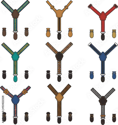 Stylish Vector Suspender Collection: Classic and Modern Braces for Fashion, Apparel, Formal Wear, Vintage Style, and Accessory Designs.
