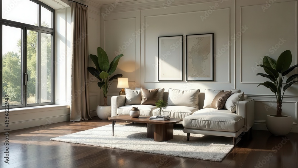 Fototapeta premium Serene Living Room with Modern Sectional Sofa, Neutral Decor, and Natural Light Streaming Through Large Windows