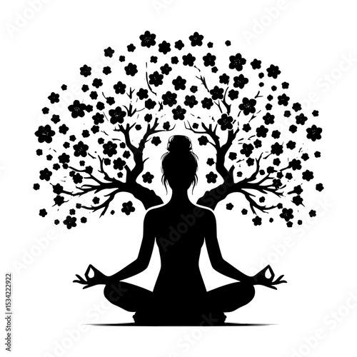 Silhouette woman meditating under cherry blossom tree