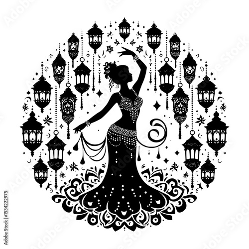 Silhouette of belly dancer with lanterns