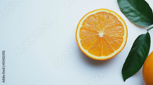 Overhead shot of a sliced orange with green leaves on a white background creating a fresh and vibrant scene