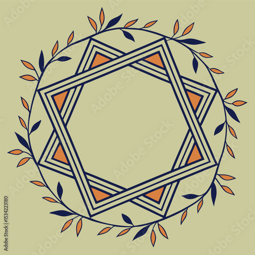 Decorative geometric wreath with a star shape and orange leaf accents on a beige background
