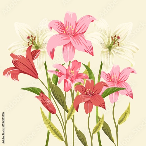 Fototapeta Naklejka Na Ścianę i Meble -  Bouquet of colorful spring flowers and leaf illustration design for background floral pattern Vanda Orchid Anthurium Pink Lily Flowers Blue Flower Watercolour Perfect for Wedding Card Design 