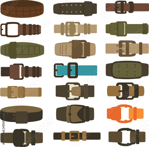 Diverse Tactical Belt Vector Collection: Durable Military and Outdoor Belts with Quick-Release Buckles for Adventure, Security, and Uniform Apparel Designs.